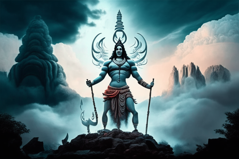 Ravan worshiping lord shiva in front of large god shiv idol with trident in hand and peaceful face in a large scale background with clouds and forest around.