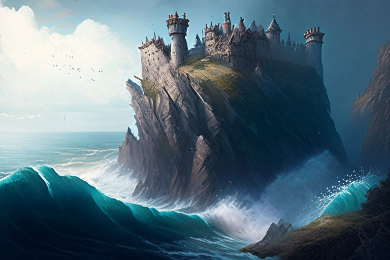 a magical castle perched on the edge of a tall cliff, overlooking the ocean below where waves crash against jagged rocks