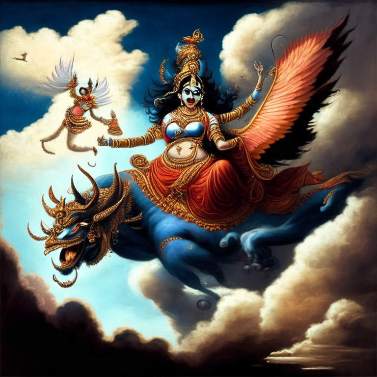 Ravan the demon king of lanka abducting goddess Sita in sari, forcefully in a mythological vehicle with wings that can fly in the sky in a large scale background of clouds