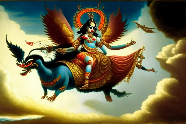 Ravan the demon king abducting goddess Sita in sari forcefully in a mythological vehicle pushpak viman with wings that can fly in the sky in a large scale background of clouds