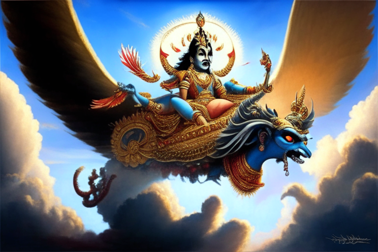 Ravan the demon king abducting goddess Sita in a mythological vehicle pushpak viman with wings that can fly in the sky in a large scale background of clouds
