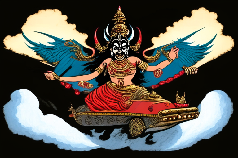 Ravan the demon king with demonic face abducting goddess Sitaintraditional dress and fear inface, both in a mythological vehicle pushpak viman with wings that can fly in the sky in a large scale background of clouds