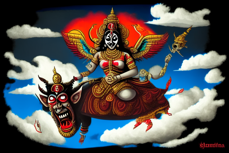 Ravan the demon king with demonic face abducting goddess Sitaintraditional dress and fear inface, both in a mythological vehicle pushpak viman with wings that can fly in the sky in a large scale background of clouds