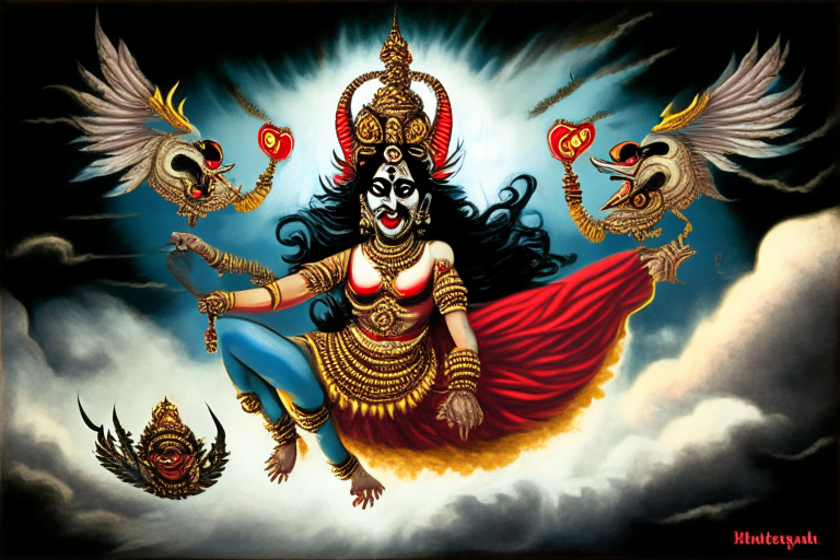 Ravan the demon king with demonic face abducting goddess Sita in traditional dress and fear in face, both in a mythological vehicle pushpak viman with wings that can fly in the sky in a large scale background of clouds