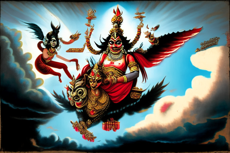 Ravan the demon king with demonic face abducting goddess Sita in traditional dress and fear in face, both in a mythological vehicle pushpak viman with wings that can fly in the sky in a large scale background of clouds