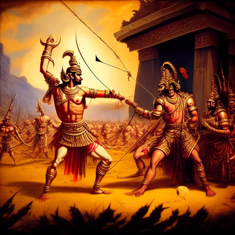 Lord ram shooting an arrow towards ravan the demon king of lanka with battlefield background where armies are fighting, in a large scale background