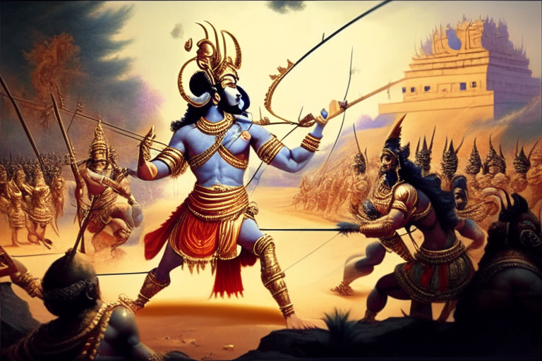 Lord ram shooting an arrow towards ravan the demon king of lanka with battlefield background where armies are fighting, in a large scale background