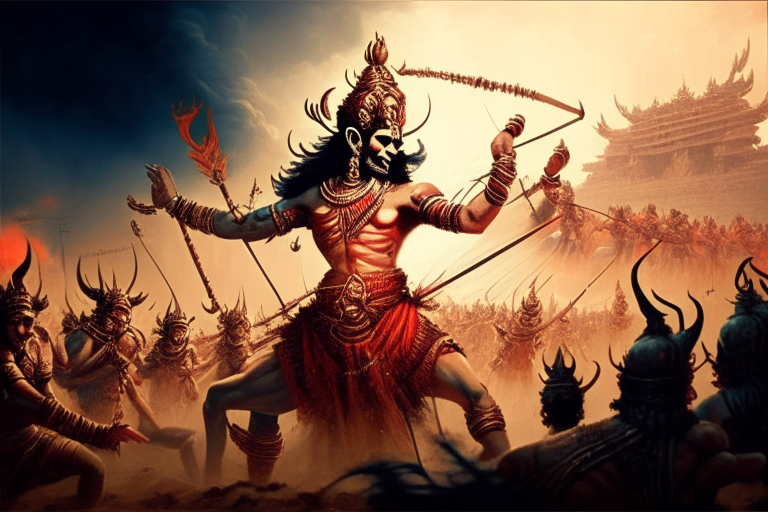 Lord Rama shooting arrows towards Ravana the demon king with 10 heads in a background of battlefield where armies are fighting, in a large scale background