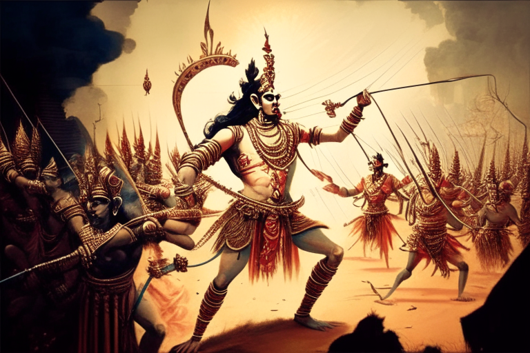 Lord Rama shooting arrows towards Ravana the demon king with 10 heads in a background of battlefield where armies are fighting, in a large scale background