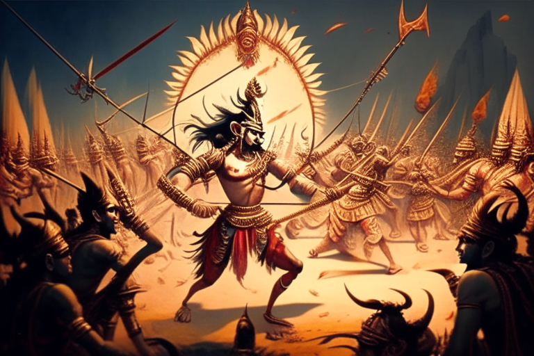 Lord Rama shooting arrows towards Ravana the demon king with 10 heads in a battlefield where armies are fighting, in a large scale background