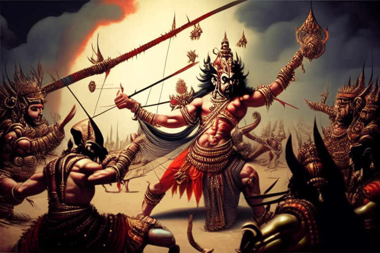 Lord Rama shooting arrows on Ravana the demon king with 10 heads in a battlefield where armies are fighting, in a large scale background, both Rama and ravana visible on screen