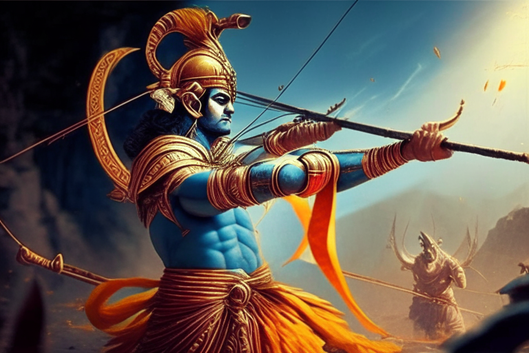 Lord Rama shooting arrows in battlefield