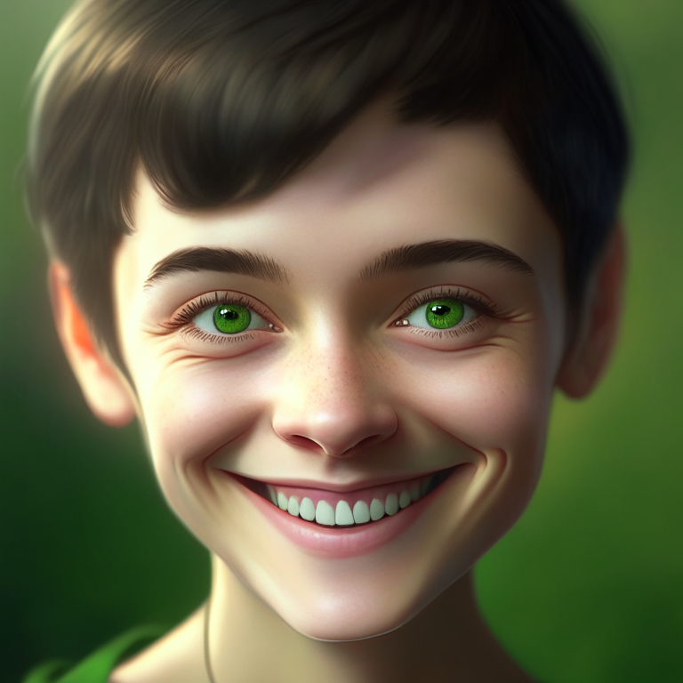 portrait of a beautiful young girl with small green eyes, happy smile, short hair, hyperrealistic, 8k