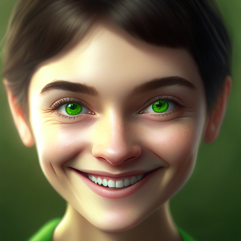 portrait of a beautiful young girl with small green eyes, happy smile, short hair, hyperrealistic, 8k
