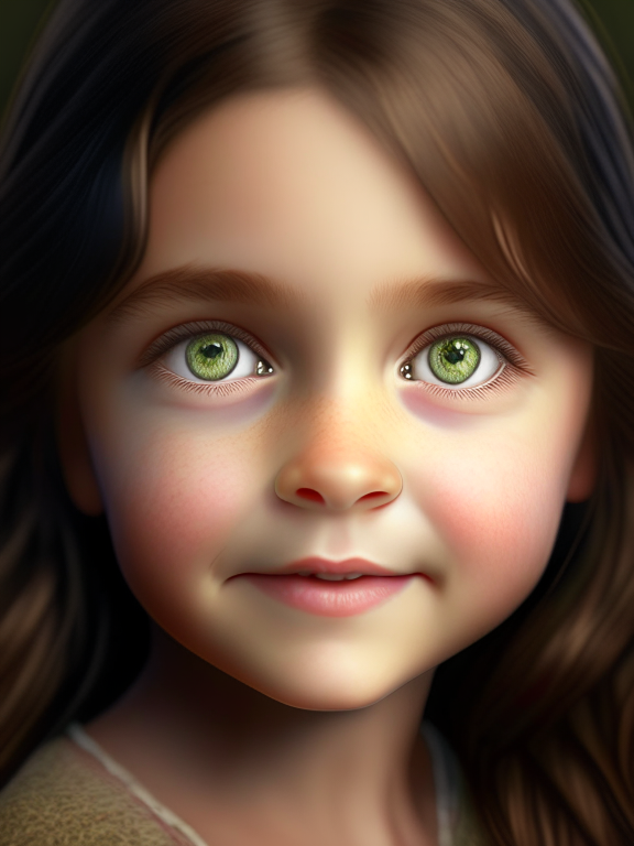 create a beautiful female child portrait, with small and green eyes, happy face and brown hair, 8k, 4k, hyper detailed