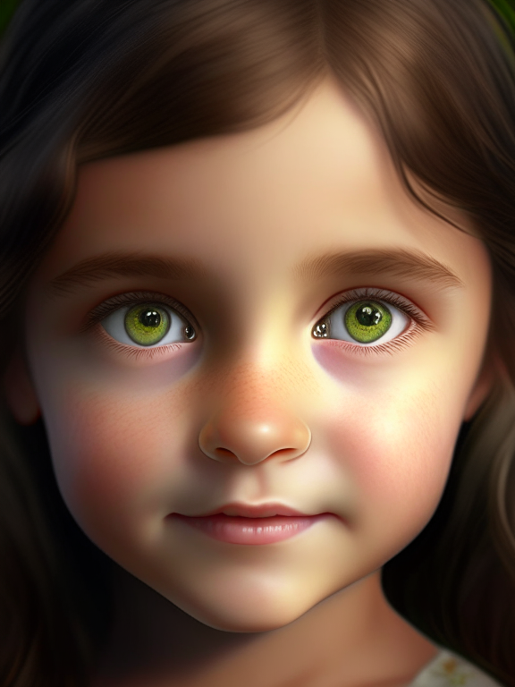create a beautiful female child portrait, with small and green eyes, happy face and brown hair, 8k, 4k, hyper detailed