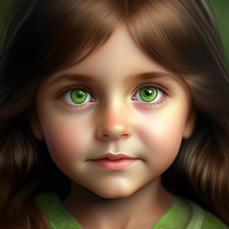 create a beautiful female child portrait, with smalls and green eyes, happy face and brown hair, 8k, 4k, hyper detailed