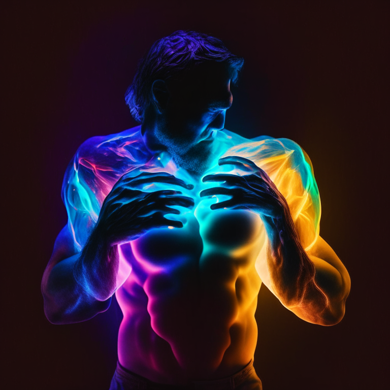 a man embracing different colored lights that change and merge into each other