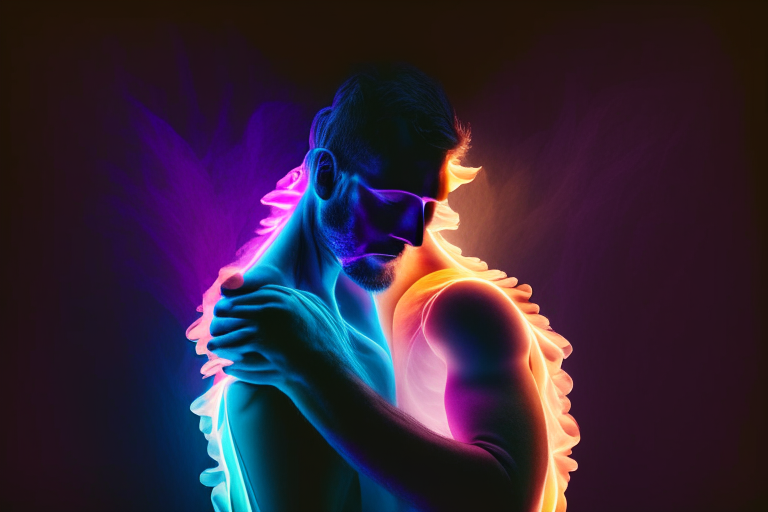 a man embracing different colored lights that change and merge into each other