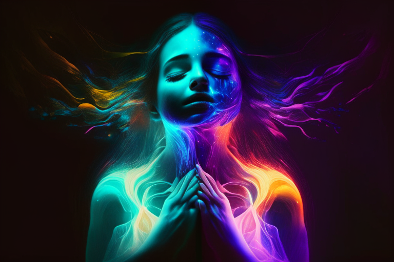 a woman embracing different colored lights that change and merge into each other