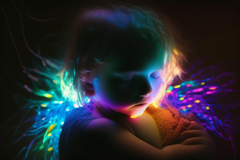 a child embracing different colored lights that change and merge into each other