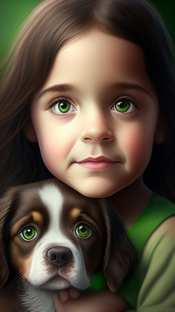 create a beautiful female child with puppy dog portrait, the child has smalls and dark green eyes, happy face and brown hair, 8k, 4k, hyper detailed