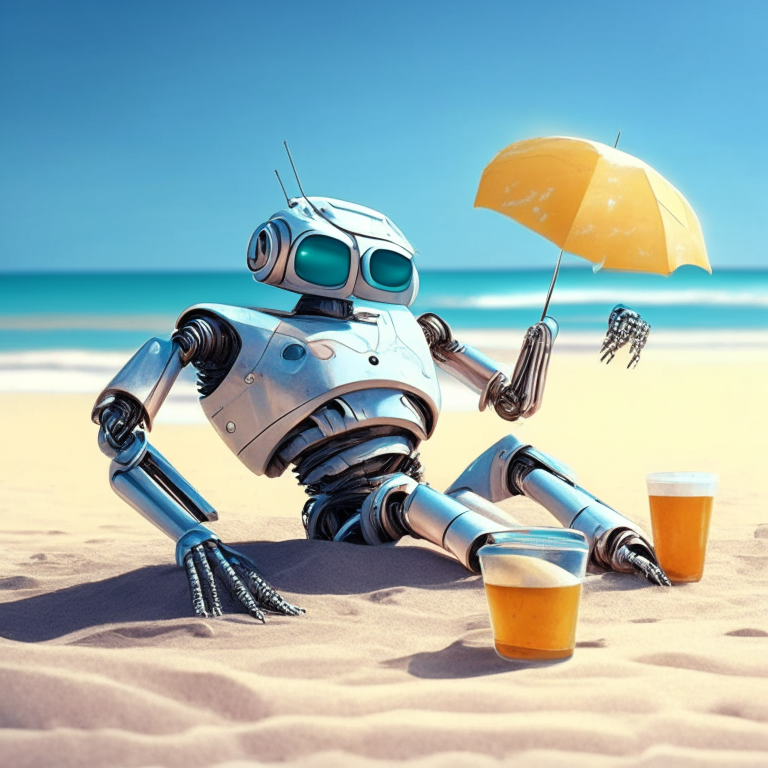 A robot sunbathing on the beach with a cocktail in its hand
