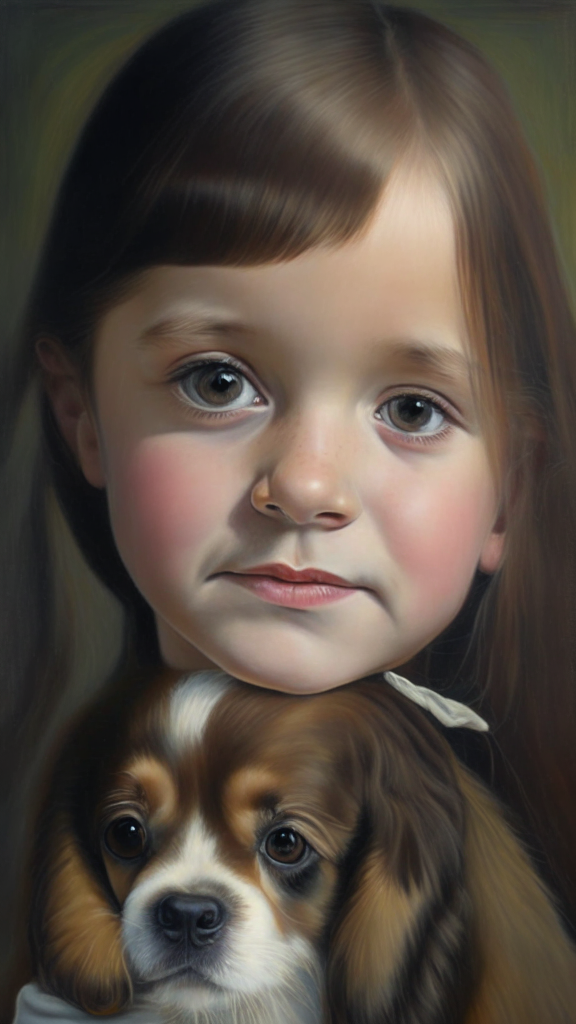 a painting of a little girl holding a dog with chin length hair