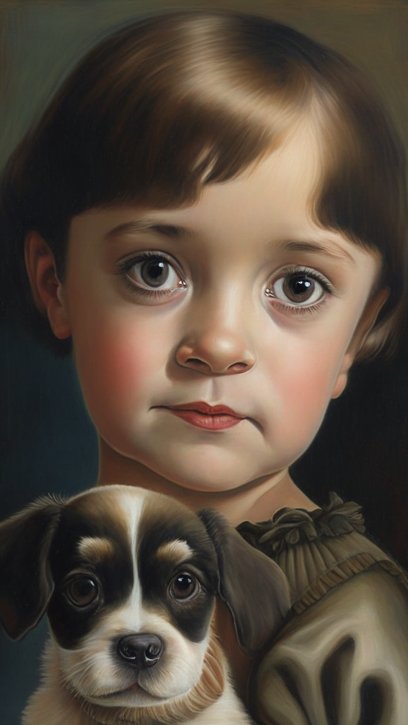 a painting of a little girl holding a dog with short hair