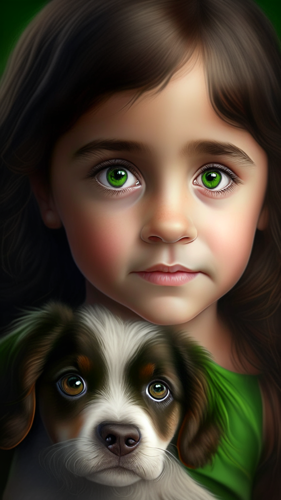 create a beautiful female child with puppy bovaro dog portrait, the child has small and dark green eyes, happy face and brown hair, 8k, 4k, hyper detailed