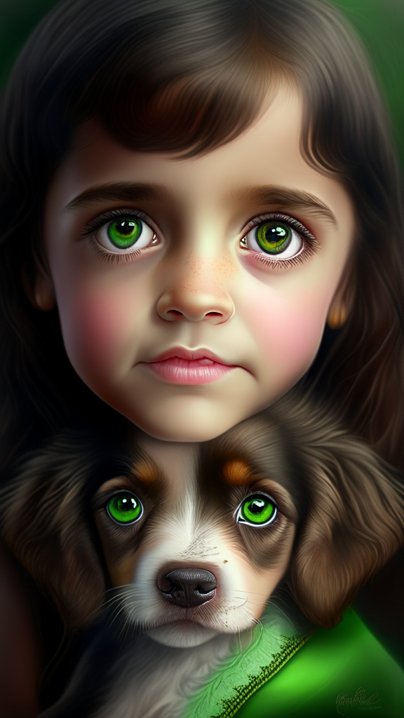 create a beautiful female child with puppy bovaro dog portrait, the child has small and dark green eyes, happy face and brown hair, 8k, 4k, hyper detailed