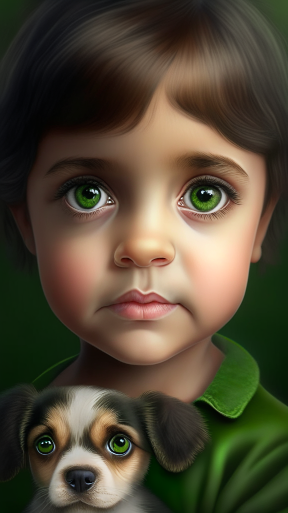 create a beautiful female child with puppy bovaro dog portrait, the child has smalls and dark green eyes, happy face and brown, short hair, 8k, 4k, hyper detailed