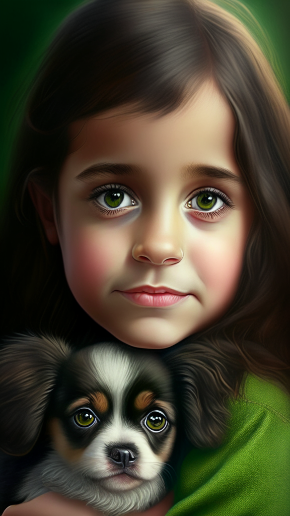create a beautiful female child holding puppy bovaro dog portrait, the child has smalls and dark green eyes, happy face and brown, chin lenght hair, 8k, 4k, hyper detailed