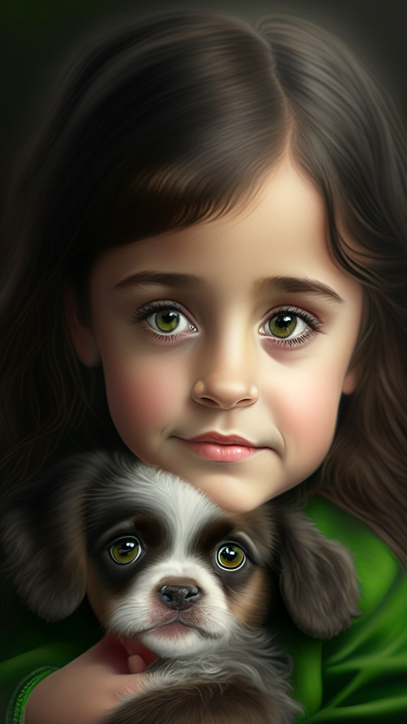 create a beautiful female child holding puppy bovaro dog portrait, the child has smalls and dark green eyes, happy face and brown, chin lenght hair, 8k, 4k, hyper detailed