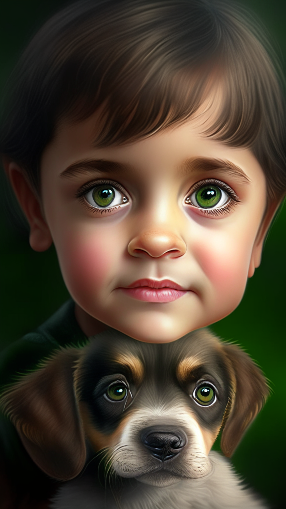 create a beautiful female child with puppy bovaro dog portrait, the child has smalls and dark green eyes, happy face and brown, short hair, 8k, 4k, hyper detailed