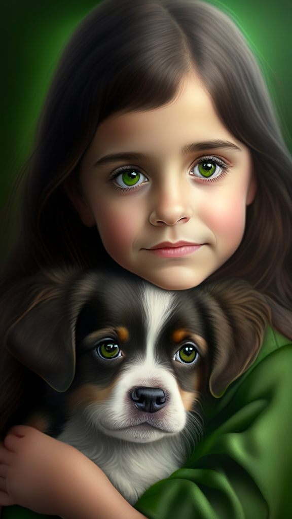 create a beautiful female child holding puppy bovaro dog portrait, the child has smalls and dark green eyes, happy face and brown hair, 8k, 4k, hyper detailed
