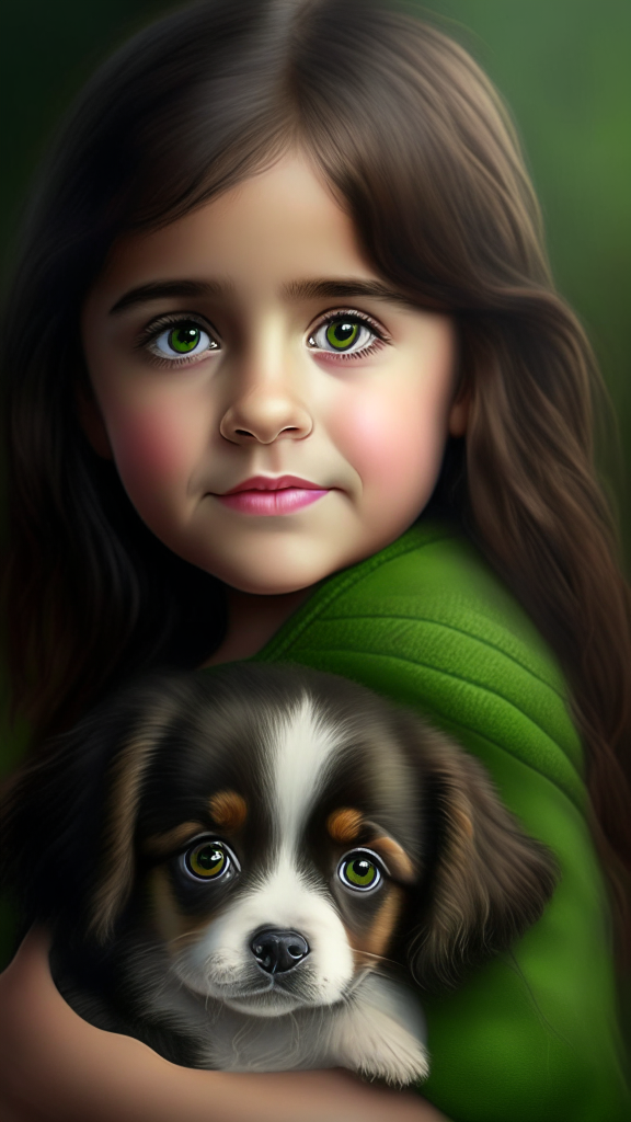 create a beautiful female child holding puppy bovaro dog portrait, the child has smalls and dark green eyes, happy face and brown hair, 8k, 4k, hyper detailed