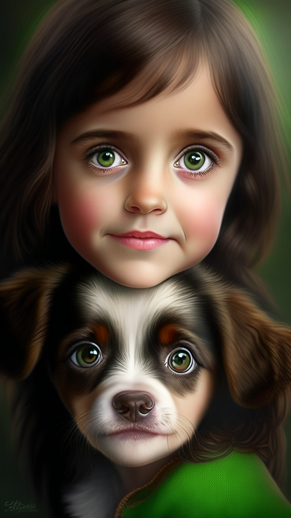 create a beautiful female child with puppy bovaro dog portrait, the child has smalls and dark green eyes, happy face and brown hair, the dog has brown eyes, 8k, 4k, hyper detailed