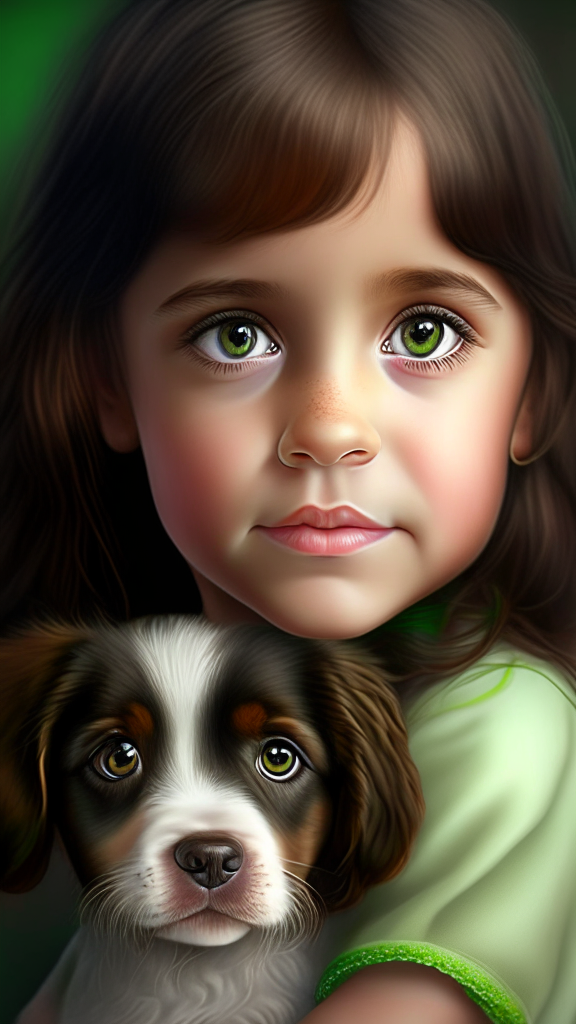 create a beautiful female child with puppy bovaro dog portrait, the child has smalls and dark green eyes, happy face and brown hair, the dog has brown eyes, 8k, 4k, hyper detailed