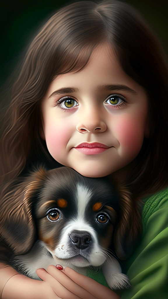 create a beautiful female child holding puppy bovaro dog portrait, the child has smalls and dark green eyes, happy face, plump cheeks and brown hair, the dog has brown eyes, 8k, 4k, hyper detailed