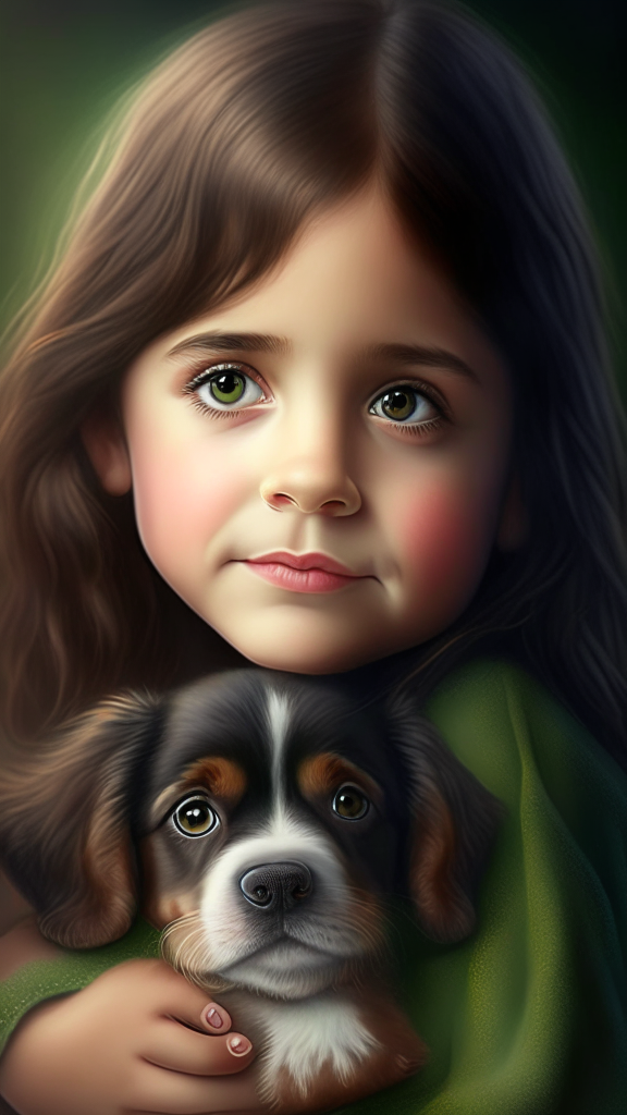create a beautiful female child holding puppy bovaro dog portrait, the child has smalls and dark green eyes, happy face, plump cheeks and brown hair, the dog has brown eyes, 8k, 4k, hyper detailed