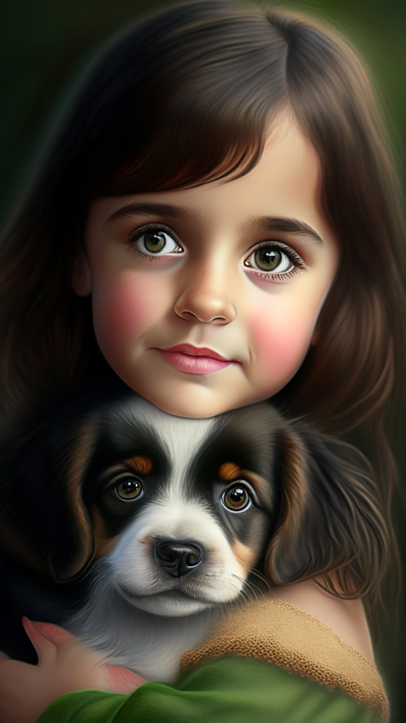 create a beautiful female child holding puppy bovaro dog portrait, the child has smalls and dark green eyes, happy face, plump cheeks and brown hair, the dog has brown eyes, 8k, 4k, hyper detailed