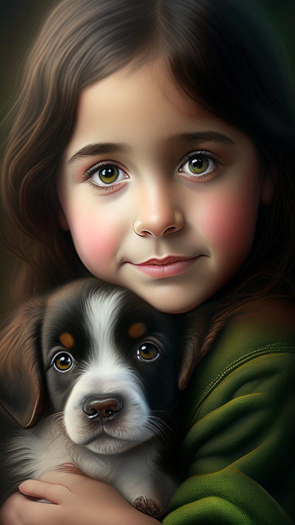create a beautiful female child holding puppy bovaro dog portrait, the child has smalls and dark green eyes, happy face, plump cheeks and brown hair, the dog has brown eyes, 8k, 4k, hyper detailed