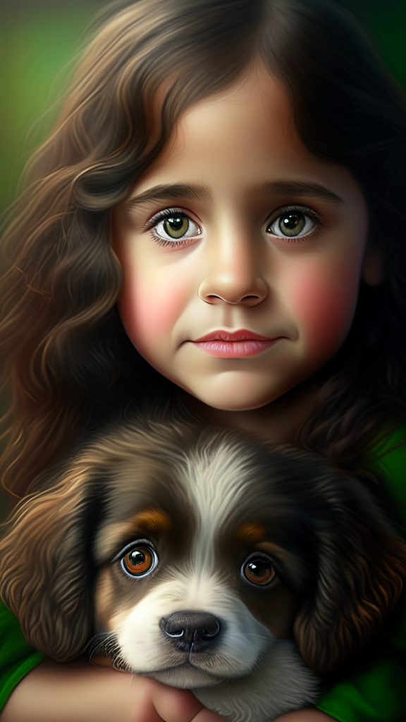 create a beautiful female child holding puppy bovaro dog portrait, the child has smalls and dark green eyes, happy face, plump cheeks and brown wavy hair, the dog has brown eyes, 8k, 4k, hyper detailed