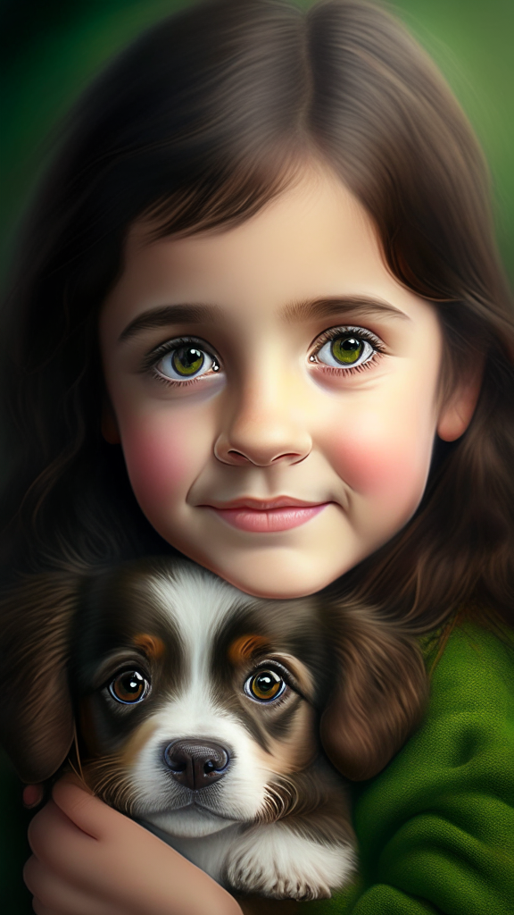 create a beautiful female child holding puppy bovaro dog portrait, the child has smalls and dark green eyes, smiling face, plump cheeks and brown hair, the dog has brown eyes, 8k, 4k, hyper detailed
