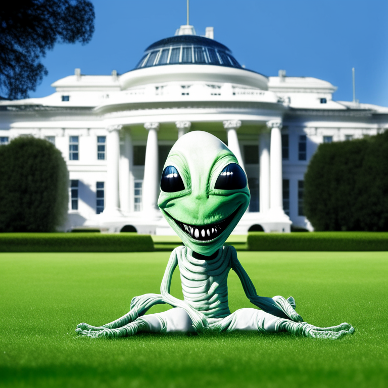 an smiling alien being from outer space sitting on the white house lawn