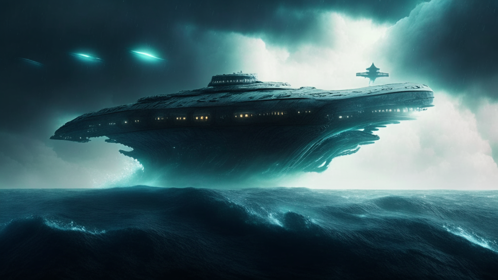 an alien warship hovering over the Atlantic Ocean, realistic details, dark sci-fi fantasy style
