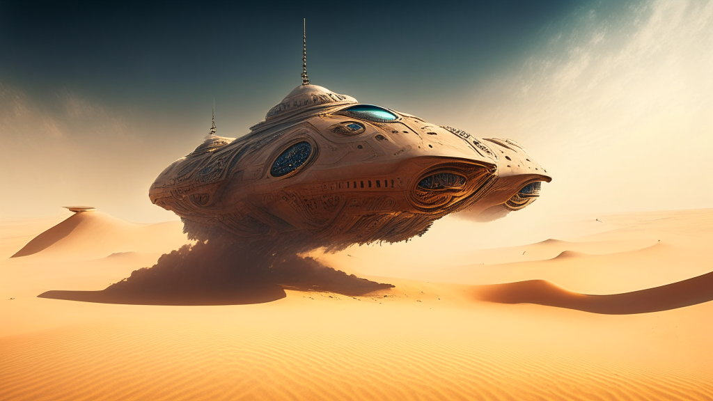 an alien warship hovering over the Sahara Desert, hyper realistic details, dark sci-fi fantasy style