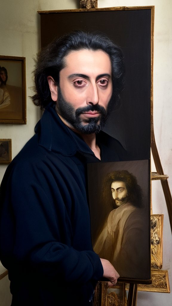 Stefano Di Loreto artist portrait with a painting on background