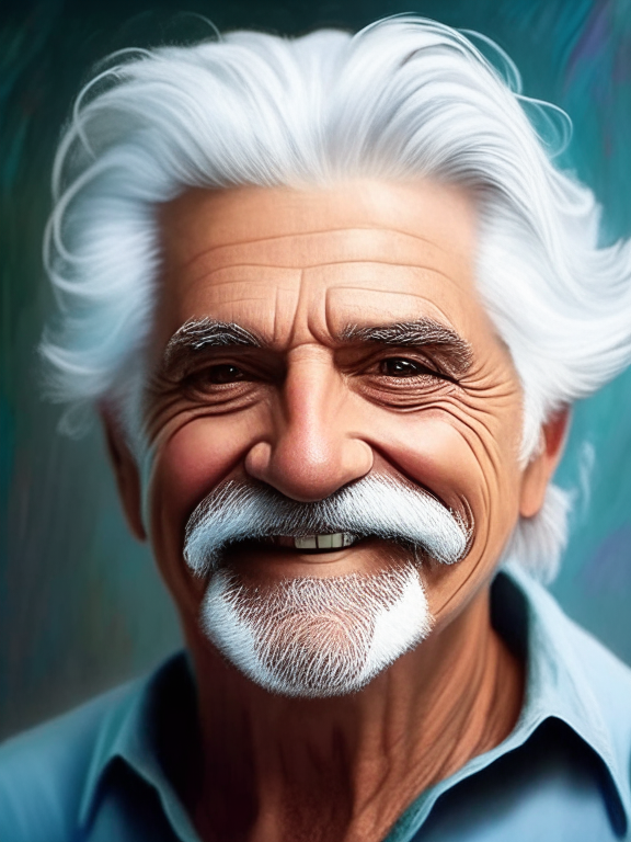 create a portrait hyper detailed of a man with white hair and mustaches, happy face, in contemporary art painting style, 4k